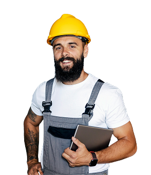 Hero worker with tablet